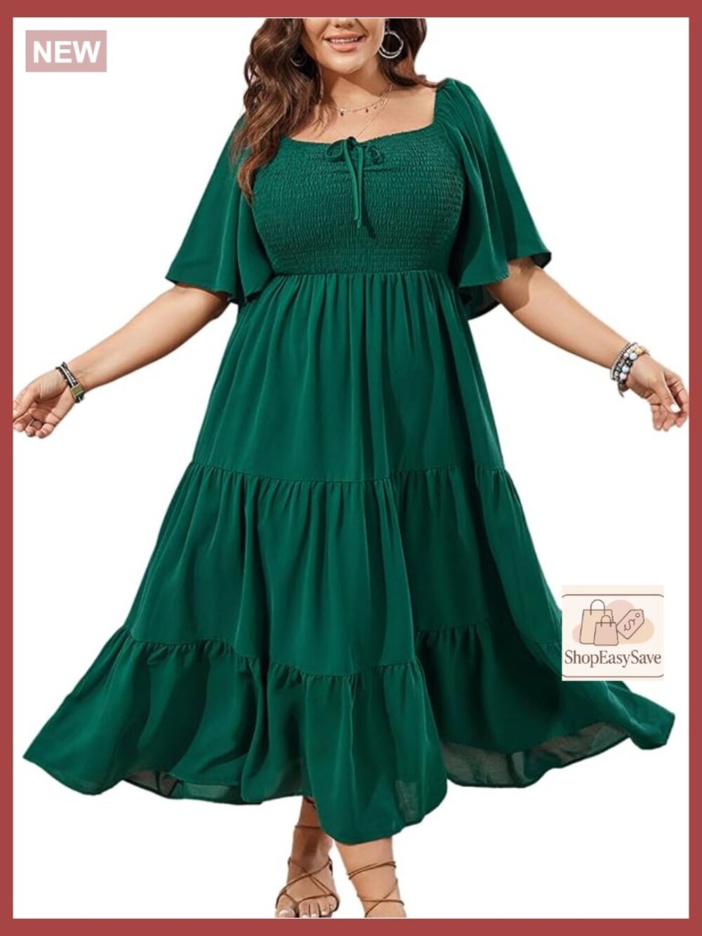 Flowy Maxi Dress Flutter Sleeve Square Neck Smocked Formal Boho Chic